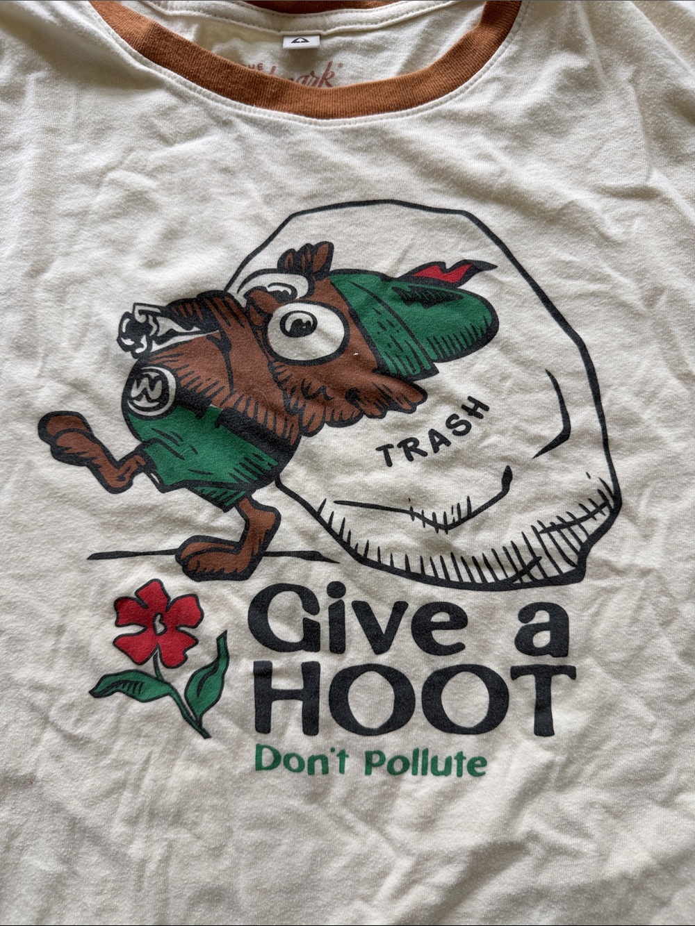 Give a Hoot Don't Pollute Graphic Tee - Cream with Brown Trim